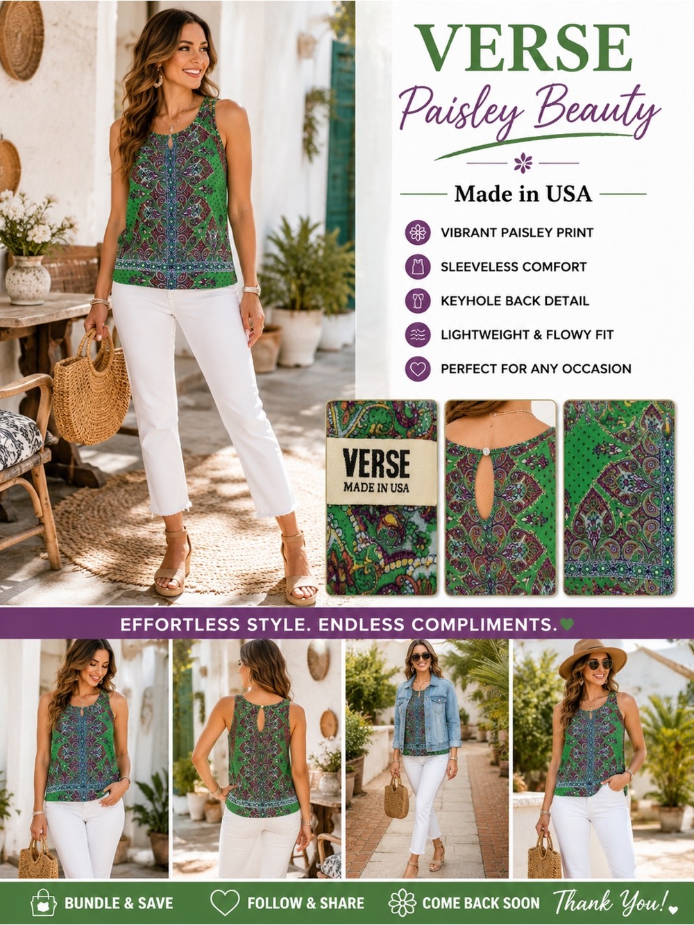 VERSE Green Paisley Sleeveless Keyhole Tank Top – Women’s Medium – Made in USA